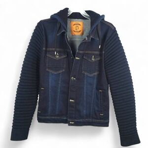 Leif Nelson Men's Denim Jacket Knit Sleeves Hooded Trucker Hybrid Blue Black XL